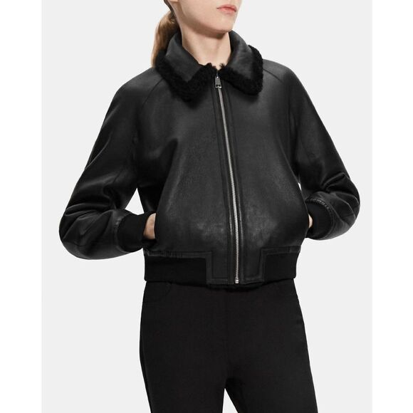 Theory Women's Shearling Bomber Jacket - Black S - Picture 1 of 11